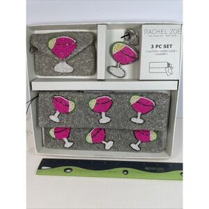 Rachel Zoe 3 Pc Set Beaded Pink Cosmopolitan Clutch Card Case Charm NIB